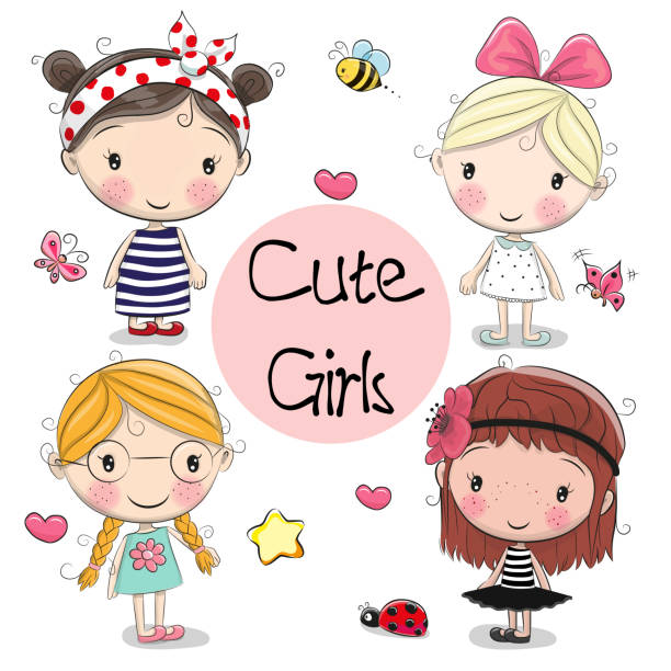 illustrazioni stock, clip art, cartoni animati e icone di tendenza di quattro ragazze carine su sfondo bianco - hat toddler little girls pink