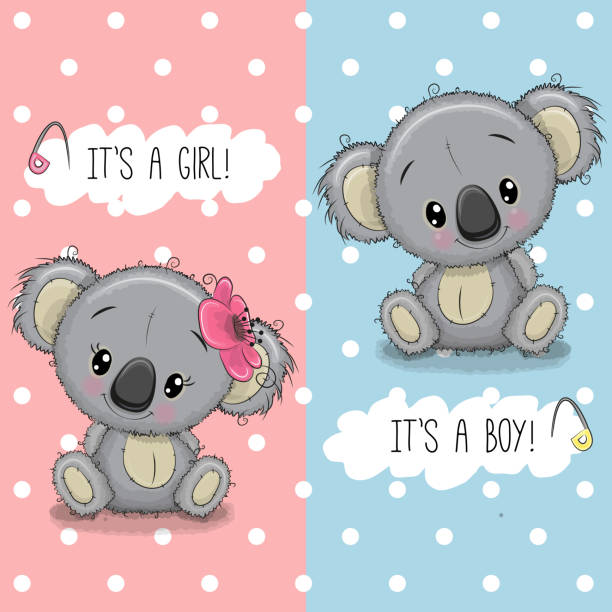 детские душ поздравительная открытка с koalas мальчик и девочка - koala animal love cute stock illustrations