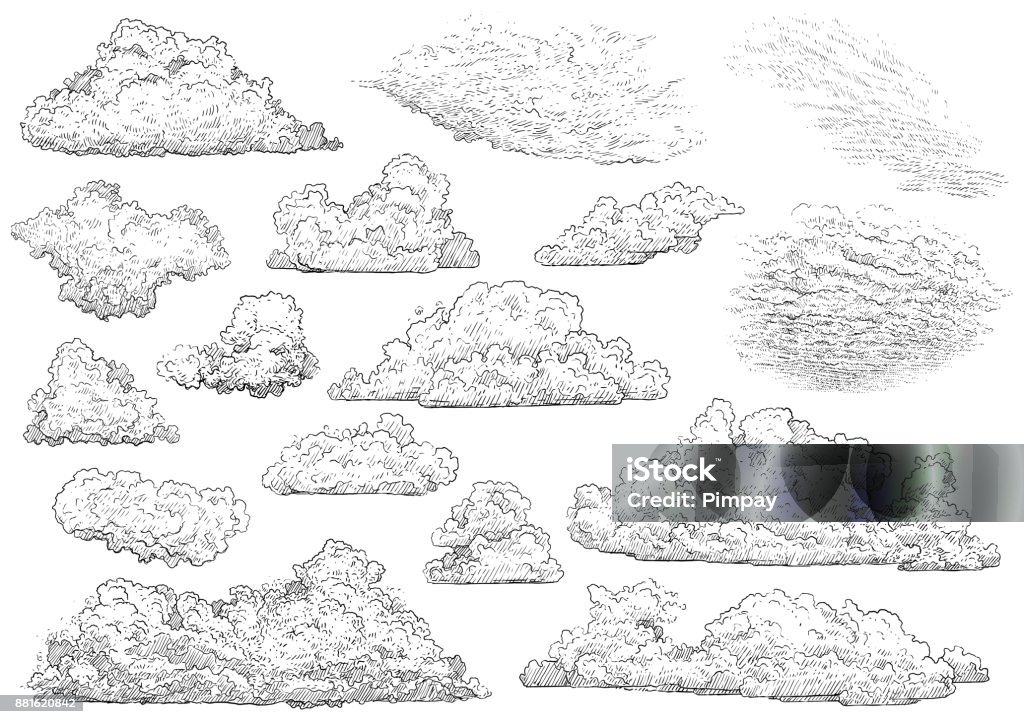 Cloud illustration, drawing, engraving, ink, line art, vector Illustration, what made by ink, then it was digitalized. Cloud - Sky stock vector