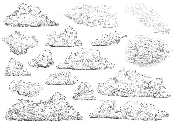 Cloud illustration, drawing, engraving, ink, line art, vector Illustration, what made by ink, then it was digitalized. etching stock illustrations
