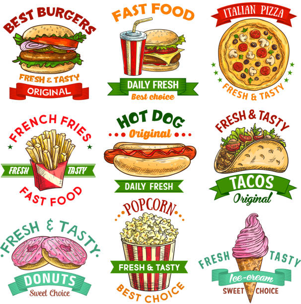 illustrations, cliparts, dessins animés et icônes de restauration rapide croquis emblème sertie de hamburger et de boissons - old fashioned pizza label design element