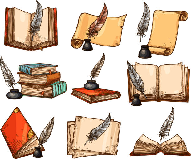 Old book and paper scroll with vintage feather pen and ink sketch set. Antique quill pen with parchment and open book with empty page isolated vector icon for education and literature themes design