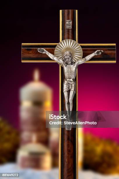 Crucifix And Church Candles Stock Photo - Download Image Now - Burning, Candle, Christianity