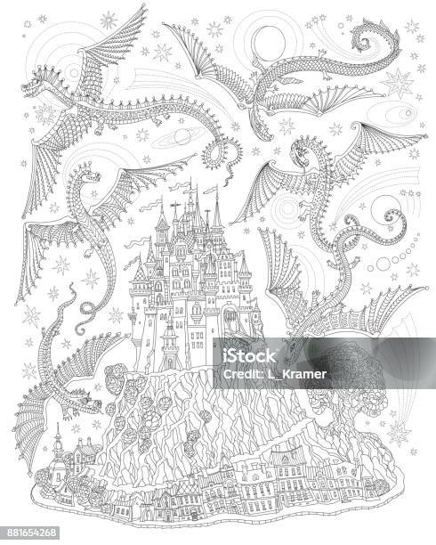 Fantasy Landscape With Flying Dragons In The Sky Fairy Tale Medieval Castle On A Hill Old Houses Tshirt Print Album Cover Card Coloring Book Page For Adults And Children Black And White Stock Illustration - Download Image Now