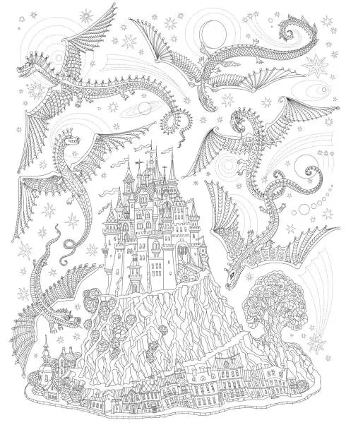 Vector illustration of Fantasy landscape with flying dragons in the sky. Fairy tale medieval castle on a hill, old houses. T-shirt print. Album cover, card. Coloring book page for adults and children. Black and white