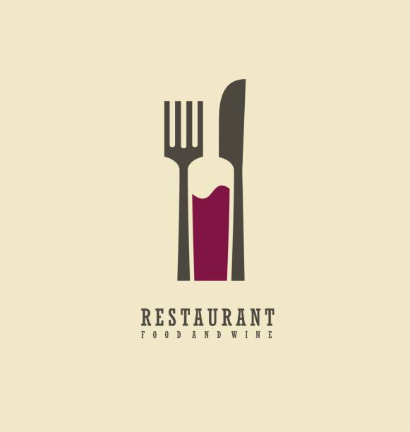 Food and wine symbol design Restaurant logo with knife, fork and wine bottle in negative space. Food and wine symbol design. restaurant logos stock illustrations