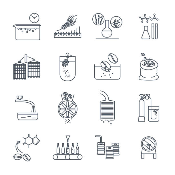 set of thin line icons drinks and beverages industry vector art illustration