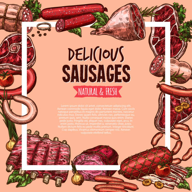 plakat z mięsem, wołowiną i kiełbasą wieprzową, projektowanie żywności - steak pork chop bacon stock illustrations