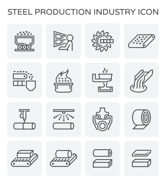steel production icon Steel and metal production industry vector icon set. steel mill stock illustrations