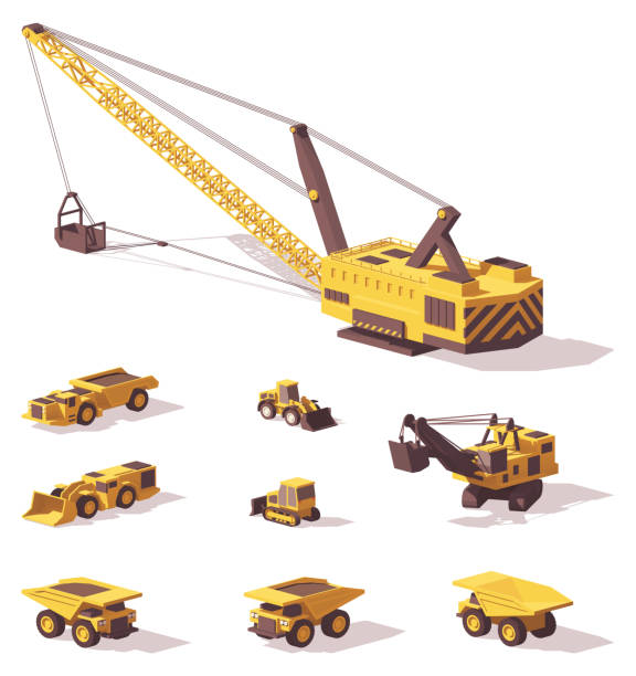 векторные низкоугольные машины - industrial equipment dump truck bulldozer mining stock illustrations