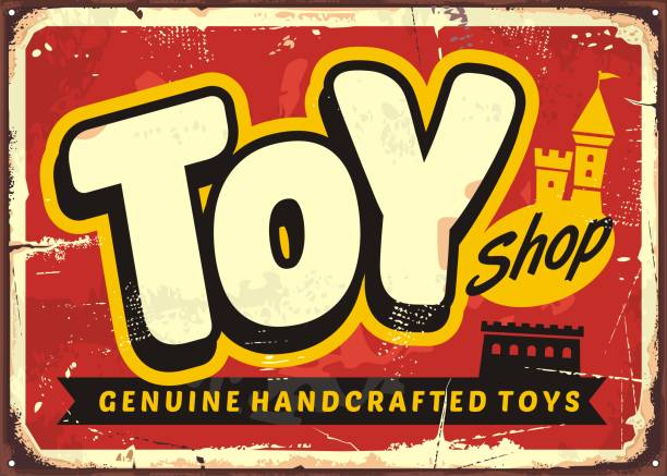 Toy shop or toy store vintage vector sign Toy shop or toy store vintage vector sign concept. Retro poster for genuine handcrafted toys retailer. toy store stock illustrations
