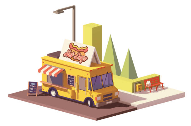 ilustrações de stock, clip art, desenhos animados e ícones de vector low poly hot dog food truck - carro de cachorros quentes