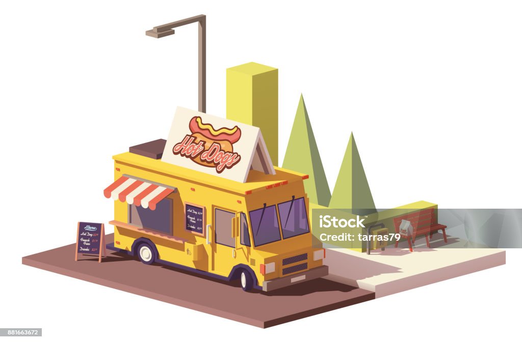Vector low poly hot dog food truck Vector low poly hot dog food truck or van with wooden menu Food Truck stock vector