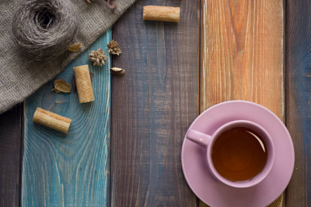 istock Tea cup, linen cloth and a skein of threads 881663720