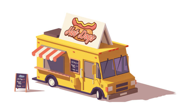 Vector low poly hot dog food truck Vector low poly hot dog food truck or van with wooden menu hot dog stand stock illustrations