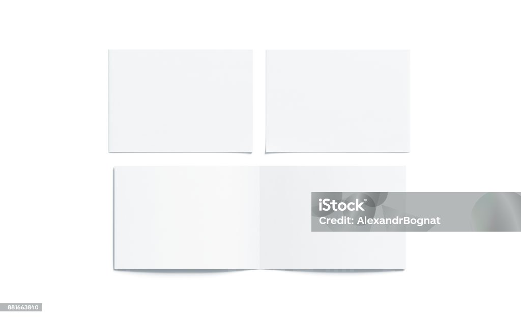 Blank white two folded wide booklet mock up Blank white two folded wide booklet mock up, opened and closed, front and back side, top view, 3d rendering. Plain twofold brochures mockups set isolated. Book cover and flier inside, copy space. Template Stock Photo