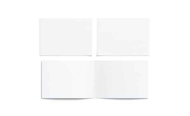 Blank white two folded wide booklet mock up Blank white two folded wide booklet mock up, opened and closed, front and back side, top view, 3d rendering. Plain twofold brochures mockups set isolated. Book cover and flier inside, copy space. mock turtleneck stock pictures, royalty-free photos & images