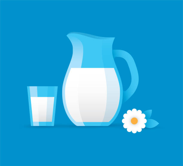 Milk jug and glass. Vector illustration with milk jug and glass isolated on blue background. Fresh, natural, organic, healthy dairy product design element. blue jug stock illustrations