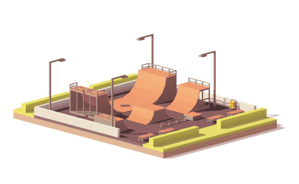 векторный низкий поли скейт-парк - skateboard park ramp park skateboard stock illustrations