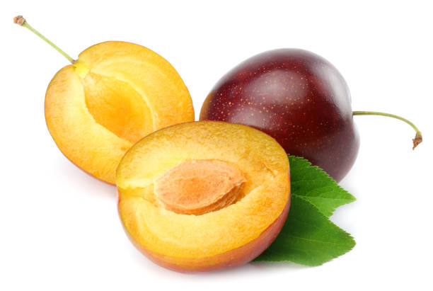 istock fresh plum fruit with cut plum slices isolated on white background 881664064
