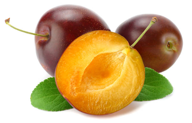 istock fresh plum fruit with green leaf and cut plum slices isolated on white background 881664148