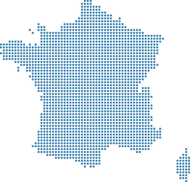 프랑스 지도 점선. 프랑스 지도 점입니다. 매우 상세한 pixelated 파란색 배경에서 프랑스 지도 벡터 개요 그림 - cher stock illustrations