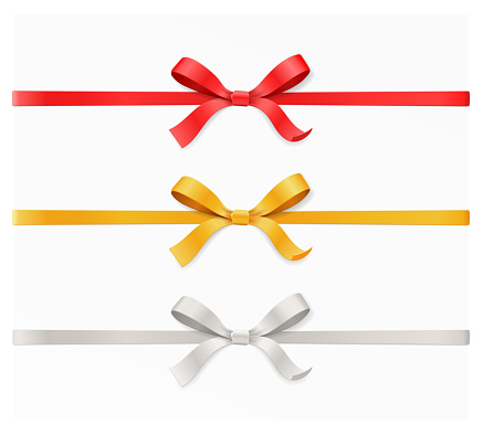 Red, gold, silver color bow knot and ribbon isolated on white background. Happy birthday, Christmas, New Year, Wedding, Valentine Day gift card or box concept. Closeup Vector illustration 3d top view