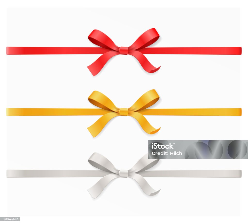 Red, gold, silver color bow knot and ribbon isolated on white background. Vector illustration 3d top view Red, gold, silver color bow knot and ribbon isolated on white background. Happy birthday, Christmas, New Year, Wedding, Valentine Day gift card or box concept. Closeup Vector illustration 3d top view Ribbon - Sewing Item stock vector
