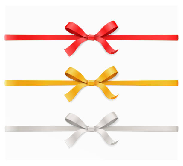 Red, gold, silver color bow knot and ribbon isolated on white background. Vector illustration 3d top view Red, gold, silver color bow knot and ribbon isolated on white background. Happy birthday, Christmas, New Year, Wedding, Valentine Day gift card or box concept. Closeup Vector illustration 3d top view change borders stock illustrations