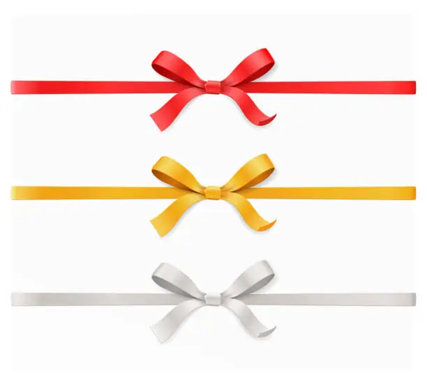 Vector illustration of Red, gold, silver color bow knot and ribbon isolated on white background. Vector illustration 3d top view