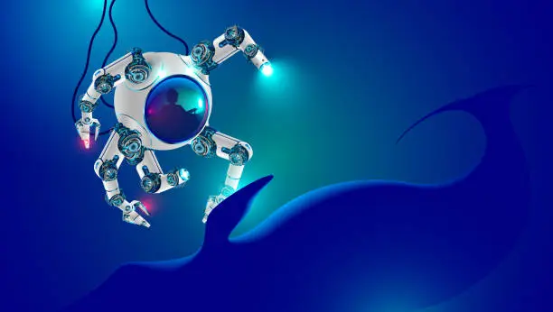 Vector illustration of Underwater robot  Deep spotlights illuminate blue whale.