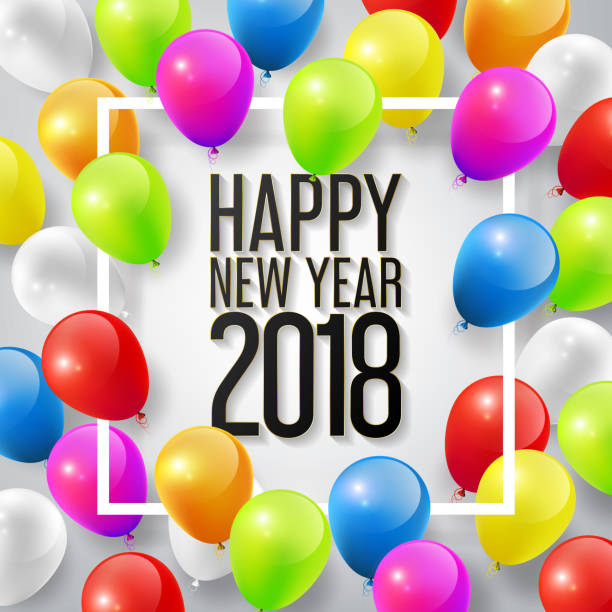 happy new year 2018, bunte ballons für textfreiraum, vektor - birthday card birthday new years eve balloon stock-grafiken, -clipart, -cartoons und -symbole