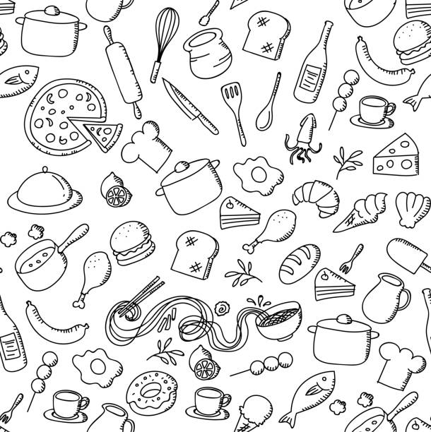 istock Seamless pattern background Food and ingredient kids hand drawing set illustration isolated on white background 881693936