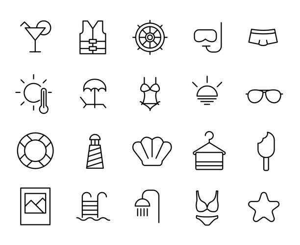 ilustrações, clipart, desenhos animados e ícones de coleção de praia simples relacionados com ícones de linha. - symbol hotel computer icon icon set