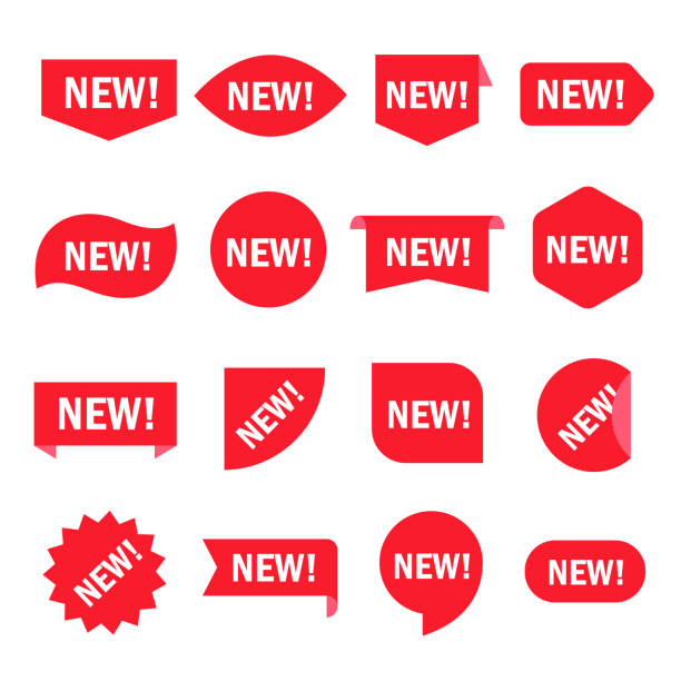 New sticker set New sticker set. Red promotion labels for new arrivals shop section. Vector flat style cartoon illustration isolated on white background label icons stock illustrations