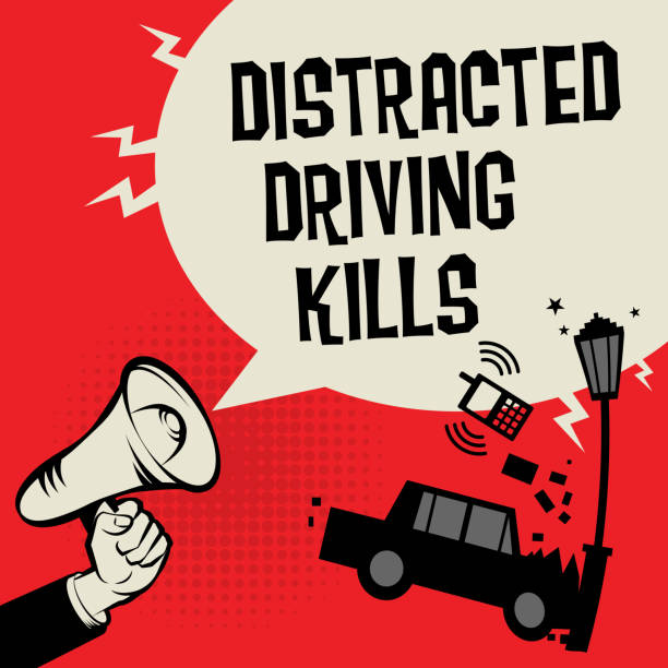 illustrations, cliparts, dessins animés et icônes de concept de main mégaphone avec accident de voiture - driving text messaging accident car