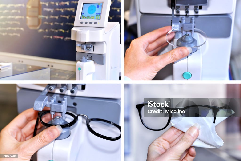 Collage image of the glasses manufacturing process.Health care, medicine and vision concept.Professional ophthalmology instrument in clinic office and optics.Optician measuring and preparing glasses Collage image of the glasses manufacturing process. Health care, medicine and vision concept. Professional ophthalmology instrument in clinic office and optics. Optician measuring and preparing glasses Eyeglasses Stock Photo