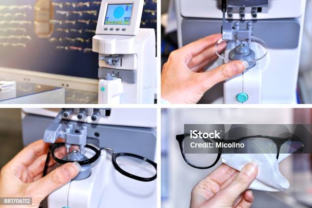 Collage Image Of The Glasses Manufacturing Processhealth Care Medicine And Vision Conceptprofessional Ophthalmology Instrument In Clinic Office And Opticsoptician Measuring And Preparing Glasses Stock Photo - Download Image Now