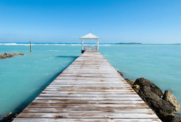 Wooden pier on blue sea.