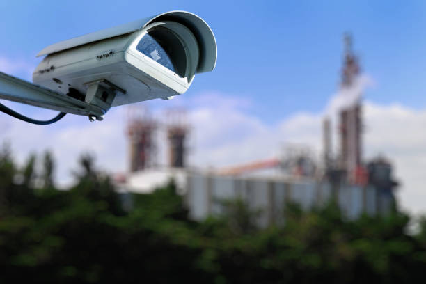 istock closeup on security CCTV camera or surveillance system for industrial site protection 881706574