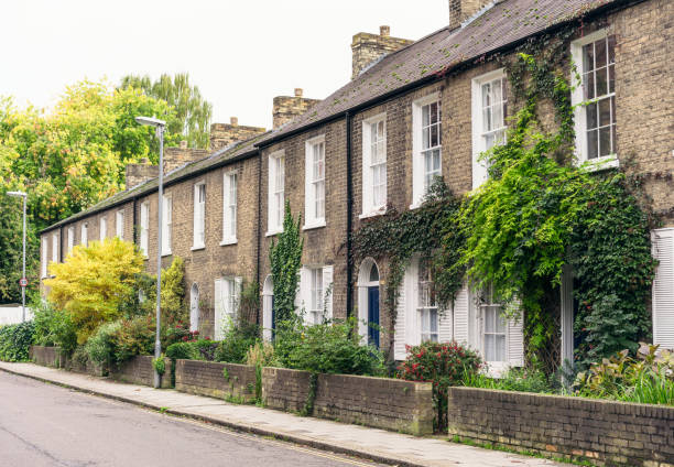 Traditional terraced houses in Cambridge, England A street of row houses with small front gardens in Cambridge, England. cambridge england photos stock pictures, royalty-free photos & images