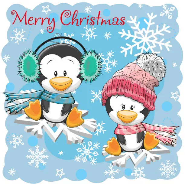 Vector illustration of Two Cute Penguins on the snowflakes
