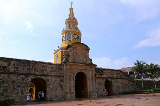 The clock tower gate is the main entrance to the historic old city of Cartagena, Colombia