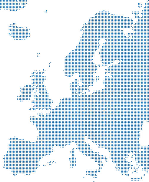 mapa europy w kropki. kropki na mapie europy. bardzo szczegółowa ilustracja konspektu wektorowego mapy kontynentu w europie w niebieskim tle - denmark france stock illustrations