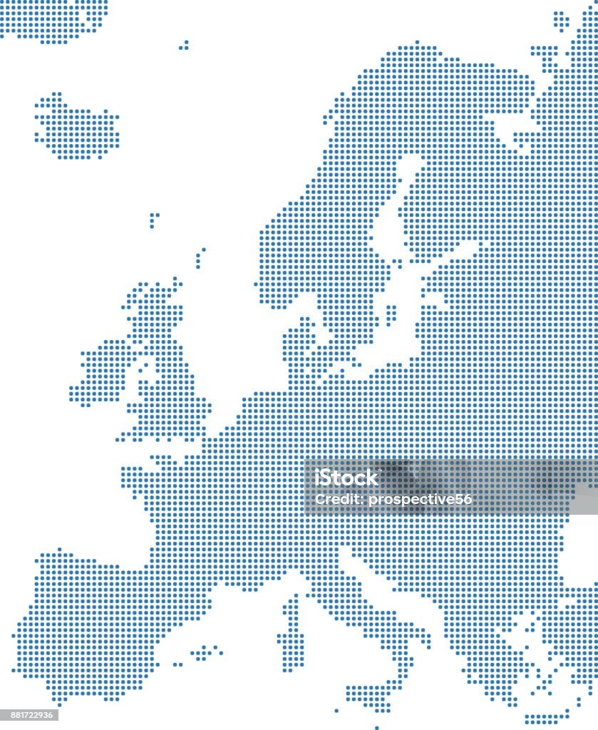 Europe dotted map. Europe map dots. Highly detailed pixelated Europe continent map vector outline illustration in blue background This abstract dotted Europe map is accurately prepared using the overlaid vector map of the Europe with highly detailed information. The map is prepared by a GIS and remote sensing specialist. Europe stock vector