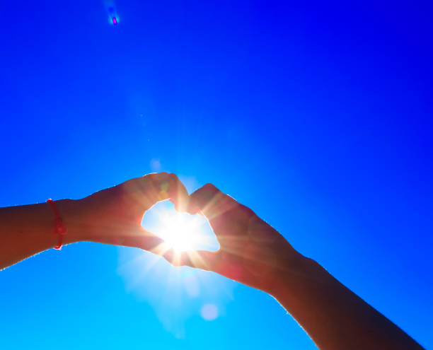 Two hands holding the sun on a blue sky background