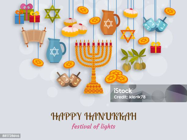Hanukkah Greeting Card With Torah Menorah And Dreidels Place For Your Text Stock Illustration - Download Image Now