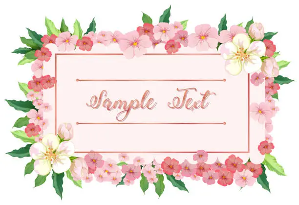 Vector illustration of Card template with pink flowers around border