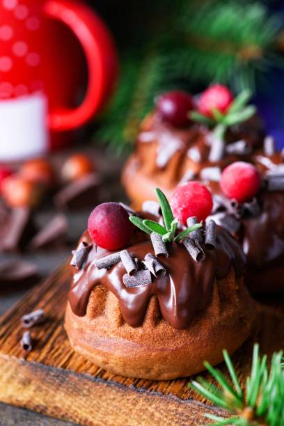 Chocolate mini budnt cakes with chocolate glaze, cranberries and rosemary