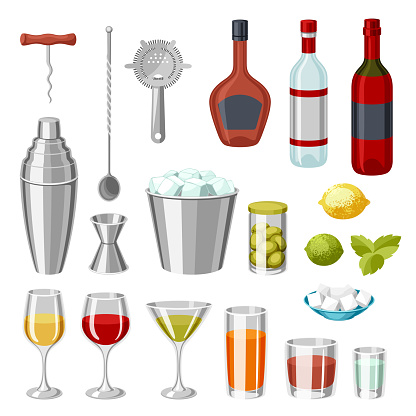 Cocktail bar set. Essential tools, glassware, mixers and garnishes
